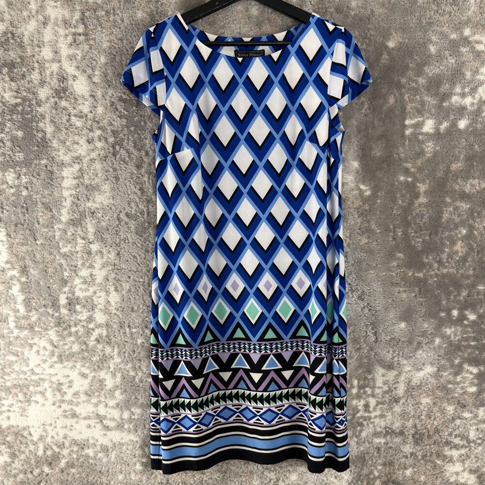 Jessica‎ Howard Sz S Geometric Shift Mini Dress Blue cap Sleeve Pullover Stretch